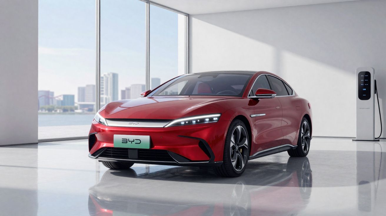 Carro elétrico sedã vermelho estacionado em salão moderno com carregador elétrico ao fundo.