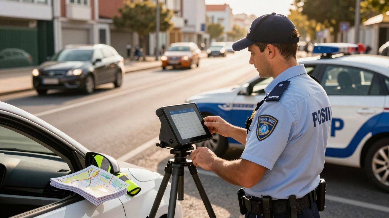 Policial utilizando radar para fiscalização de velocidade em rua movimentada durante o dia.