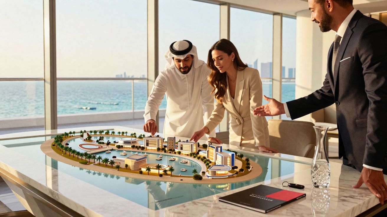 Três pessoas analisando maquete de empreendimento imobiliário com vista para o mar ao fundo.