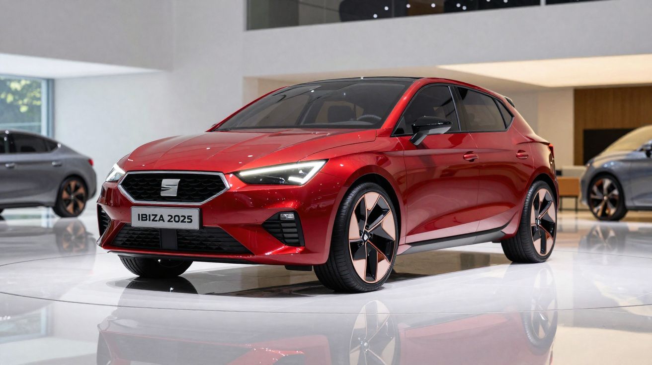 Carro vermelho SEAT Ibiza 2025 exibido em salão, com design moderno e rodas esportivas.