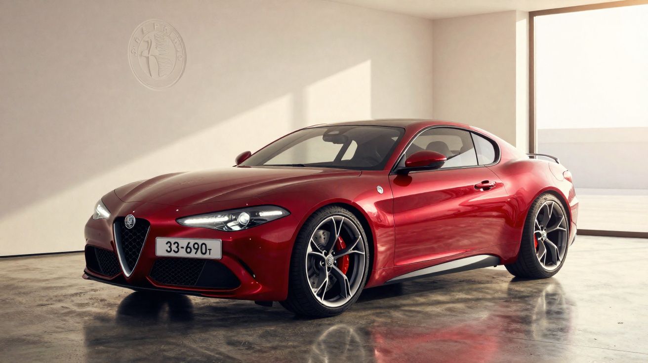 Carro esportivo Alfa Romeo Giulia GTV vermelho com design aerodinâmico em garagem iluminada.