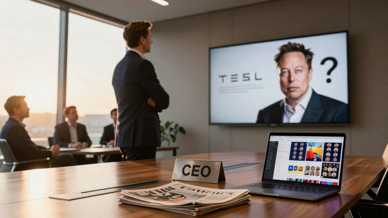 Homem de terno em reunião observando tela com foto de Elon Musk e a palavra TESL incompleta.