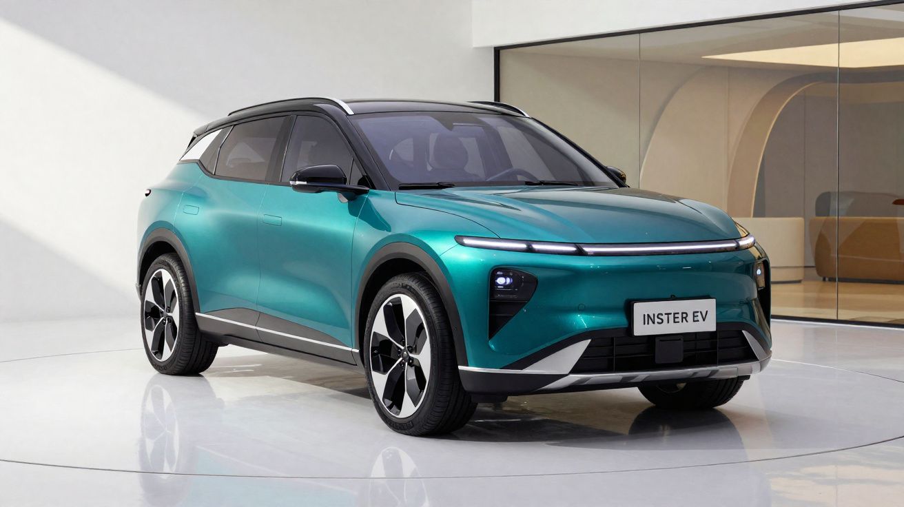 Carro elétrico verde metálico SUV Inster EV em ambiente interno com paredes brancas e vidro.