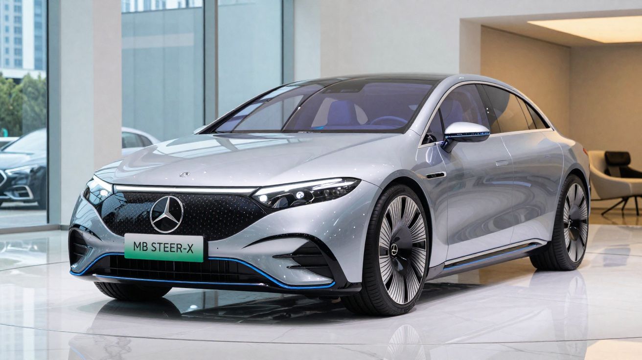Carro elétrico Mercedes-Benz prata exibido em salão moderno com acabamento futurista e rodas aerodinâmicas.