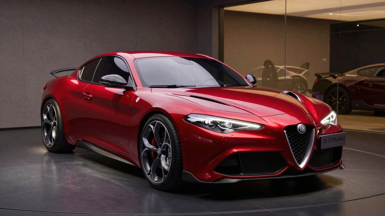 Carro esportivo Alfa Romeo Giulia Quadrifoglio vermelho em exposição interna com design aerodinâmico.