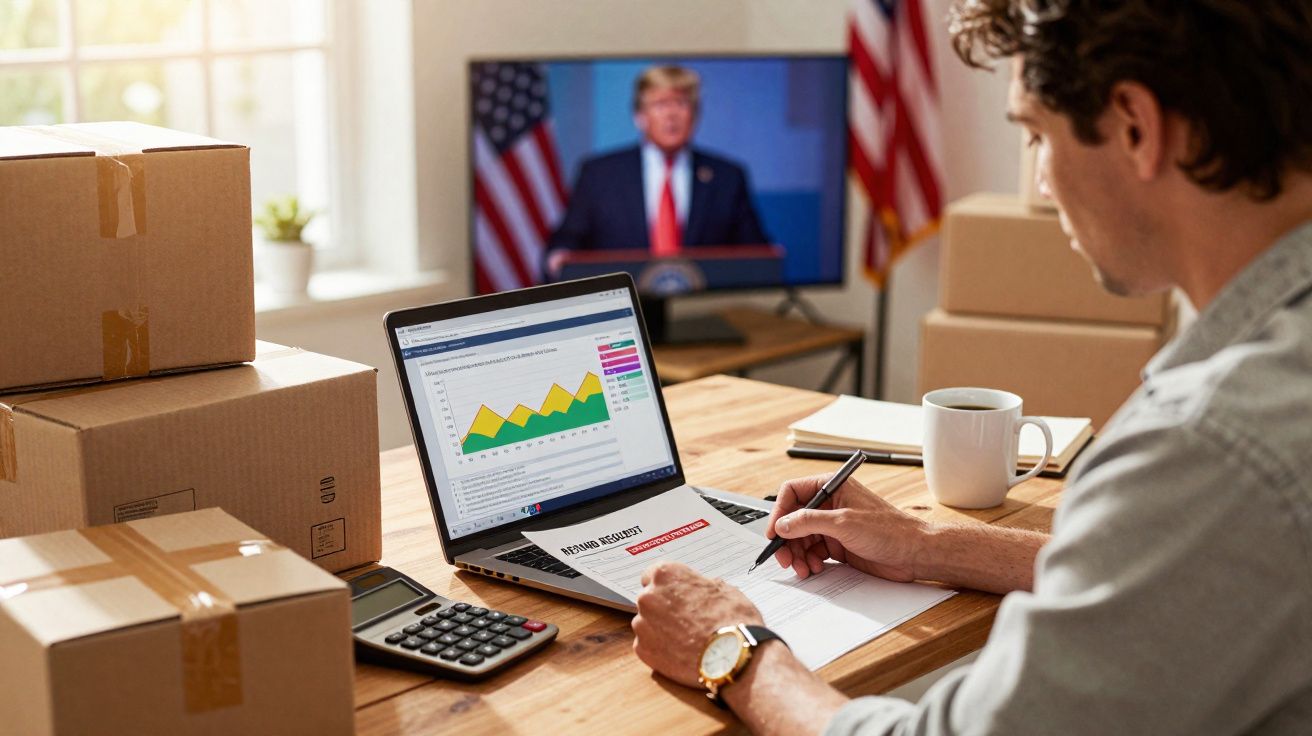 Homem trabalhando em casa com laptop, documentos, caixas e TV ao fundo mostrando político falando.