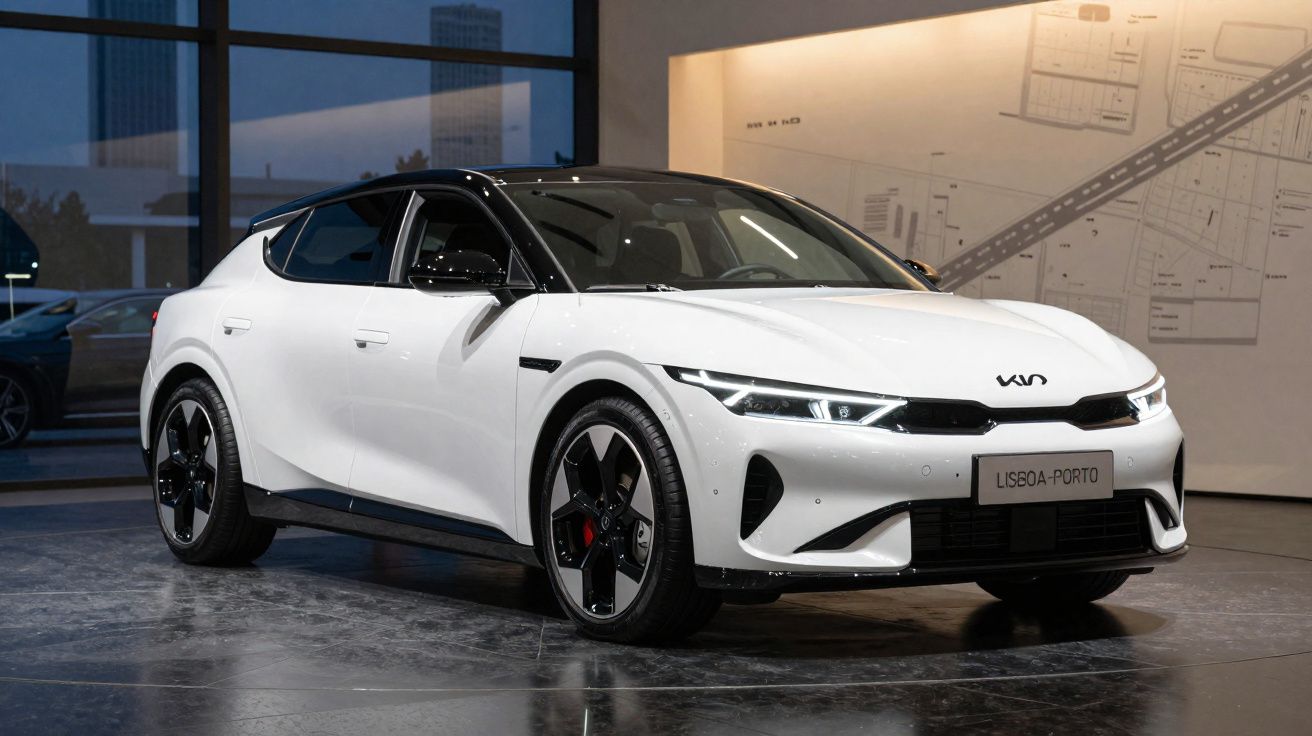 Carro elétrico branco com teto preto em exposição interna, com painel e janelas ao fundo.