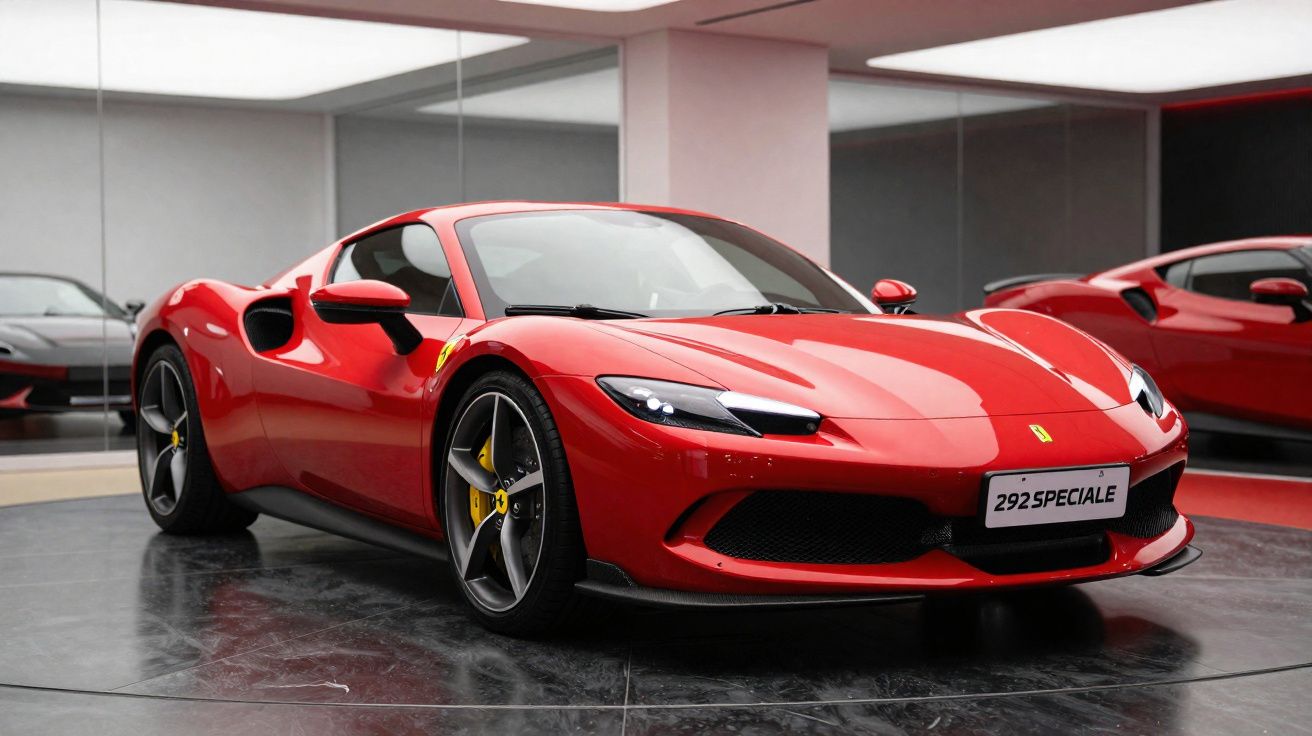 Carro esportivo Ferrari 292 Speciale vermelho em exposição com espelho refletindo o veículo.