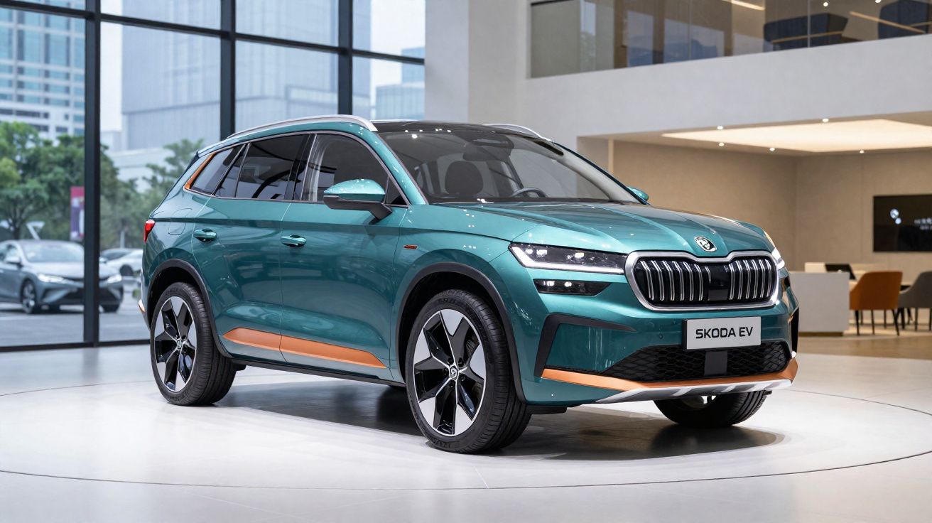 SUV elétrico verde Skoda EV em exposição em showroom moderno com grande janela e iluminação interna.