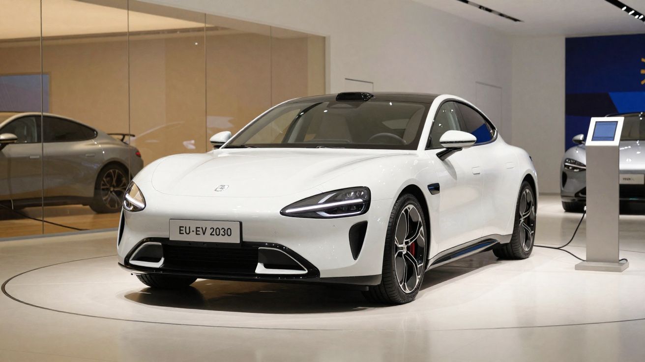 Carro elétrico branco modelo EU-EV 2030 em exposição, conectado a carregador em ambiente moderno.