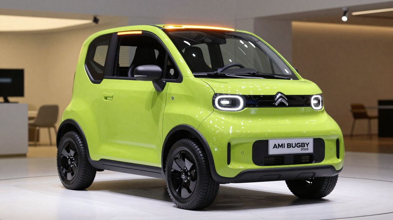 Carro elétrico Citroën Ami Buggy verde limão em exposição interna com iluminação suave.