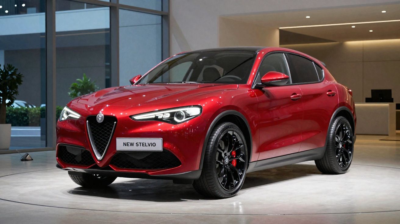 Carro SUV vermelho Alfa Romeo Stelvio novo em exposição interna com rodas pretas e detalhes esportivos.