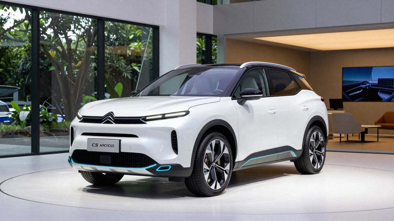 Carro elétrico Citroën C5 Aircross branco exibido em ambiente moderno e bem iluminado.