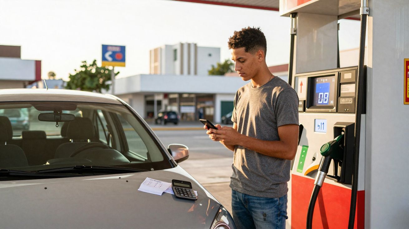 Homem usa celular ao lado de carro no posto de gasolina com calculadora e papel no capô do carro.