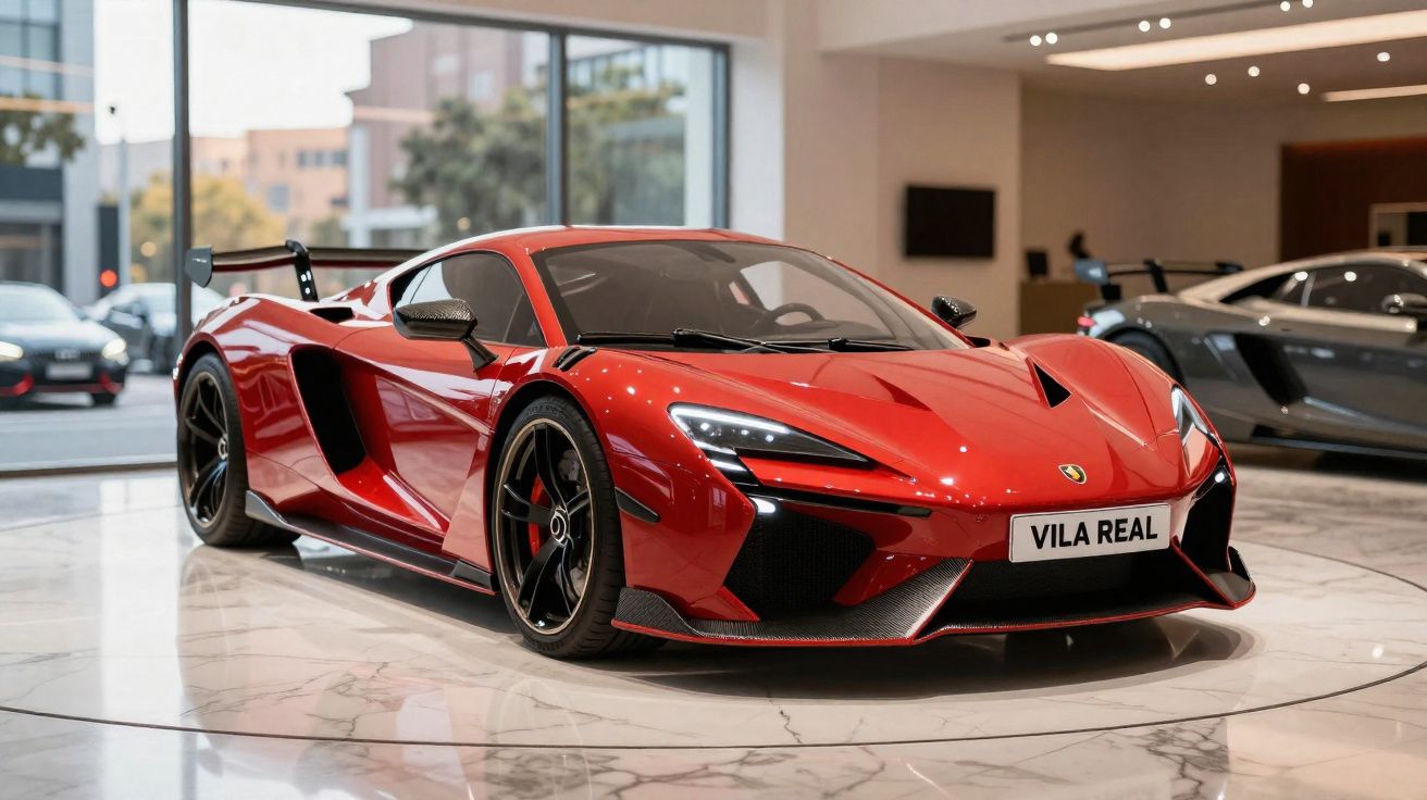 Carro esportivo vermelho brilhante em exibição dentro de uma concessionária moderna com piso de mármore.