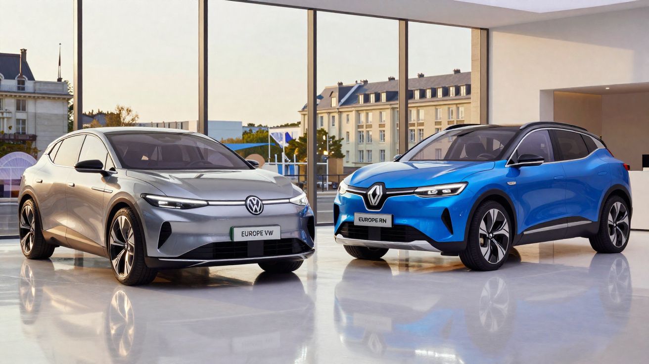 Dois carros elétricos estacionados em showroom com janelas grandes e vista urbana ao fundo.