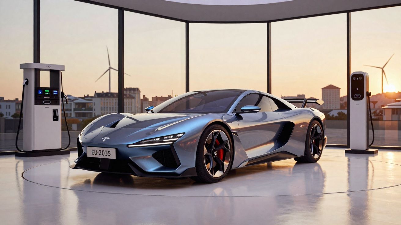 Carro esportivo elétrico moderno prateado em showroom com estações de recarga e turbinas eólicas ao fundo.