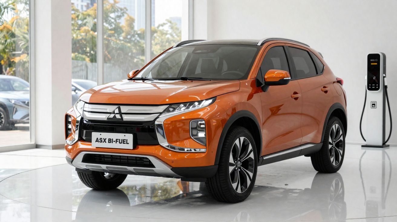 SUV Mitsubishi ASX laranja em showroom, próximo a carregador elétrico.