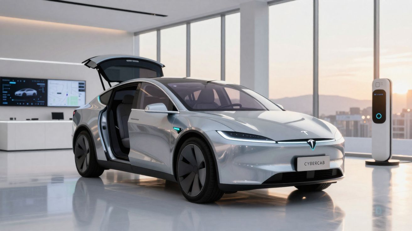 Carro elétrico Tesla modelo Cybercab prata com portas abertas em sala moderna e carregador ao fundo.