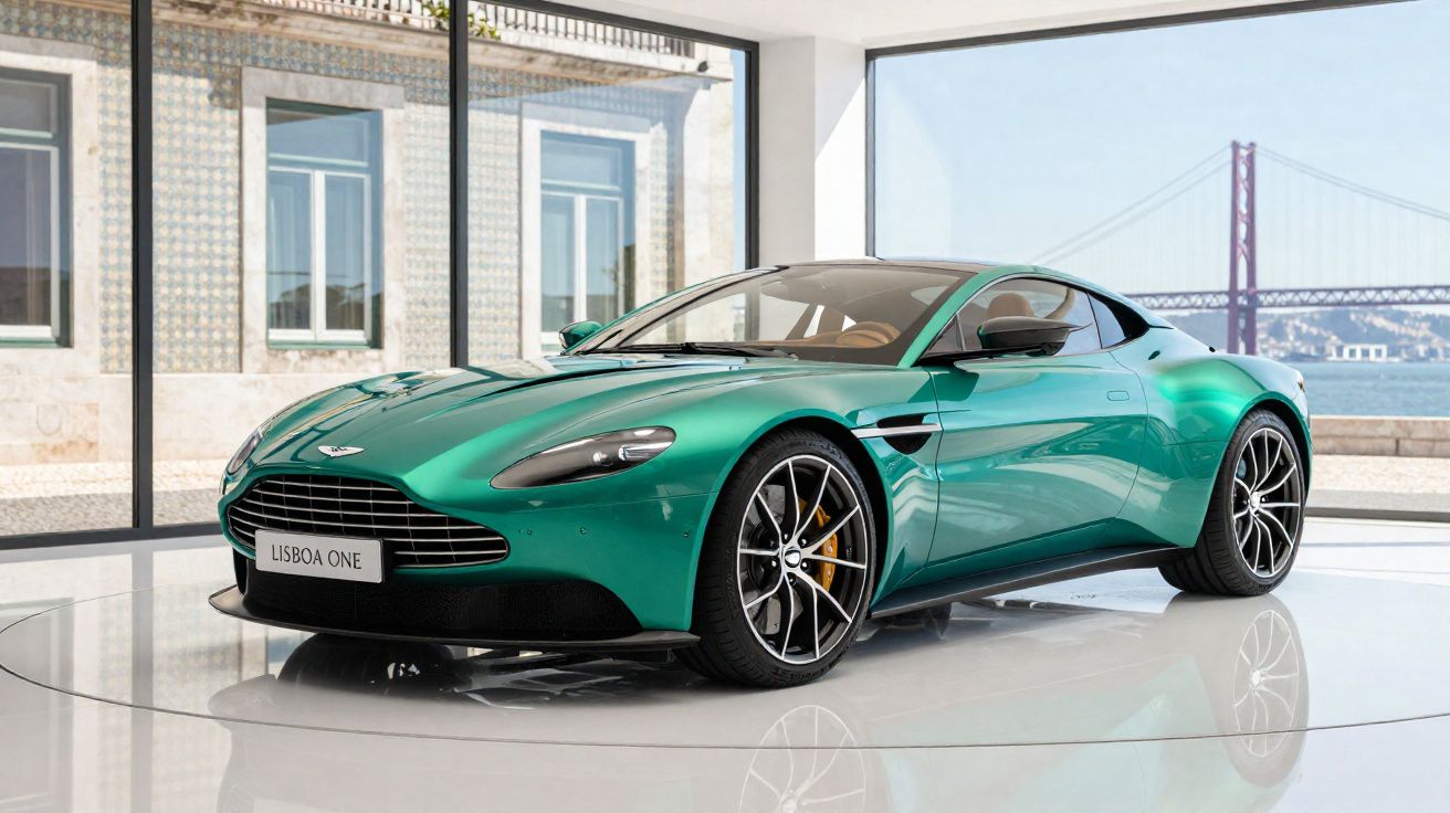 Carro esportivo verde metálico Aston Martin Lisboa One em exposição, com fundo de janelas e ponte.