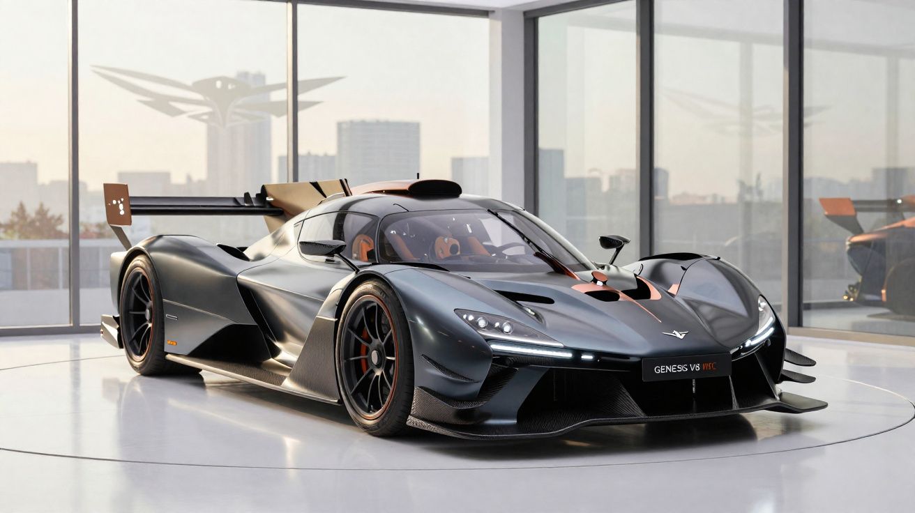 Carro esportivo de corrida Genesis V8 preto em ambiente interno moderno com grandes janelas de vidro.