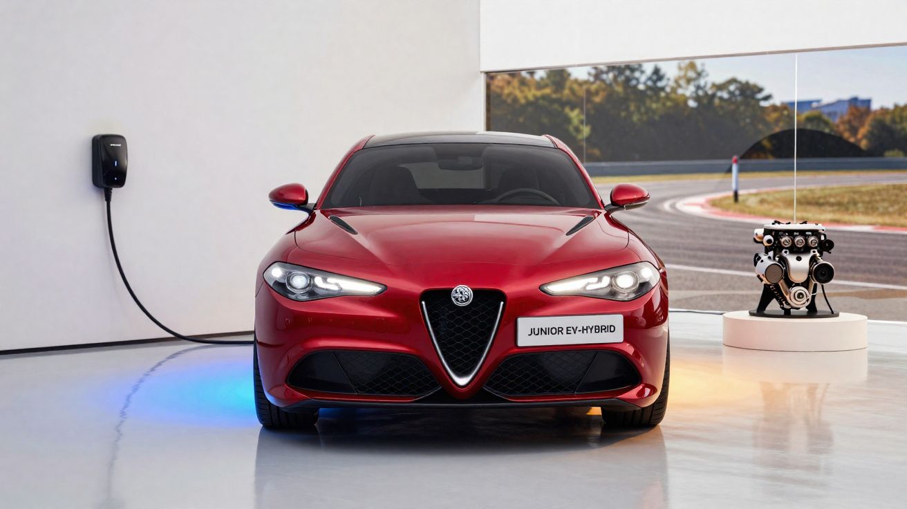 Carro esportivo Alfa Romeo vermelho plugado ao carregador elétrico em ambiente interno moderno.