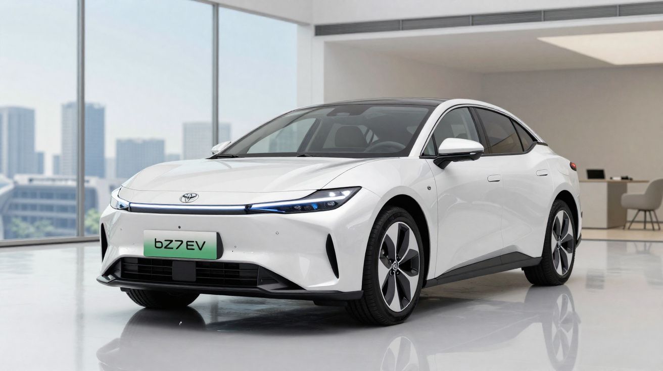 Carro elétrico branco Toyota bZ7 EV estacionado em ambiente interno moderno e iluminado.