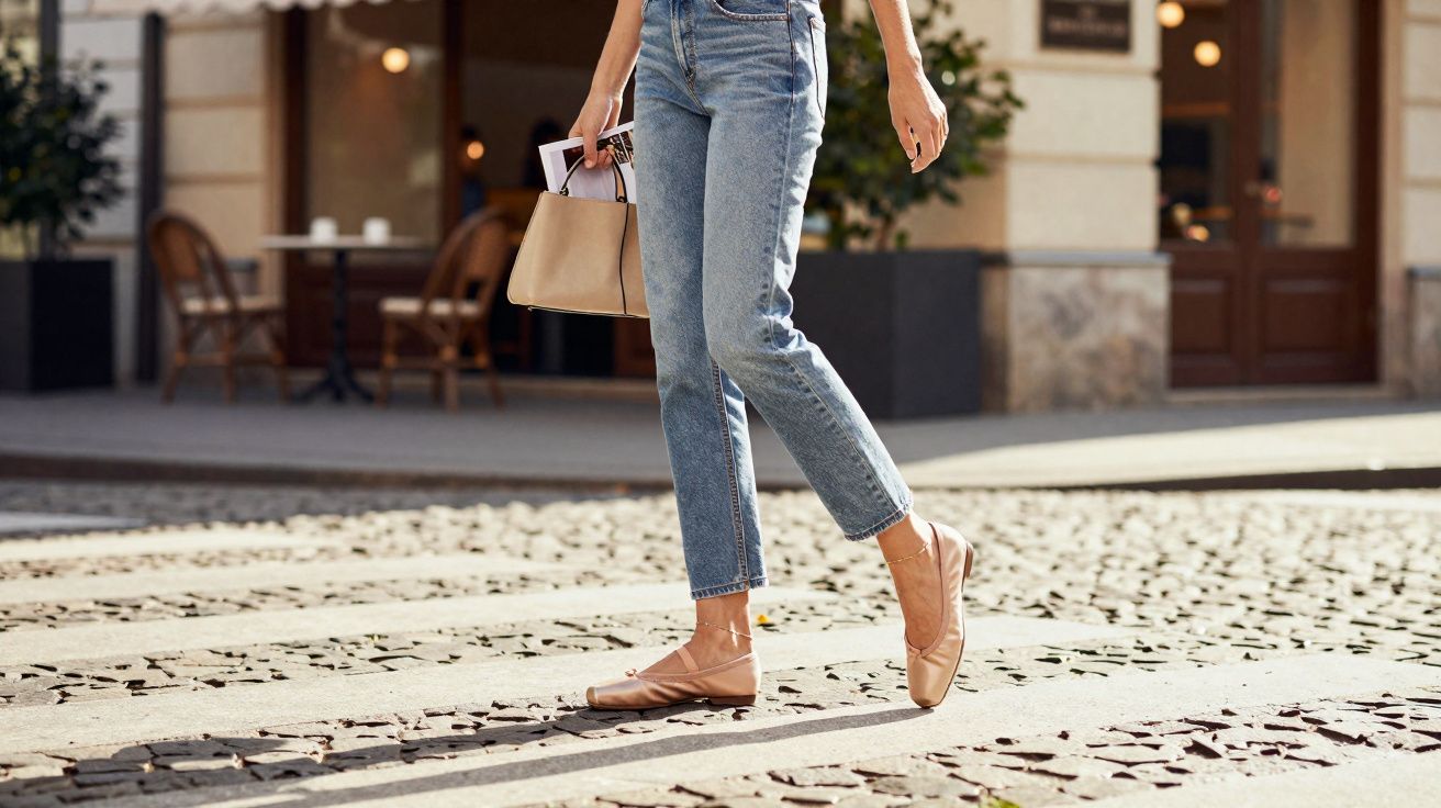 Pessoa usando calça jeans e sapatilhas bege caminhando em calçada de pedra em área urbana.