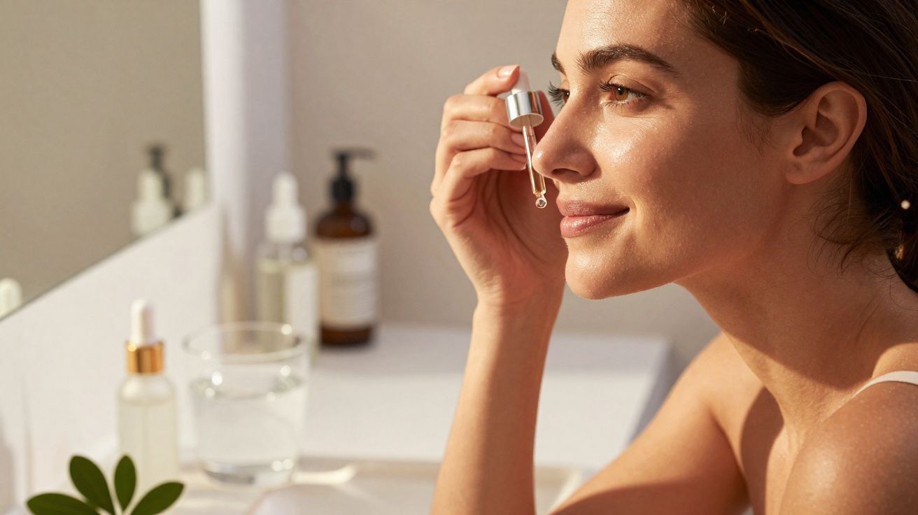 Mulher sorrindo aplicando sérum facial com conta-gotas em ambiente iluminado e tranquilo.