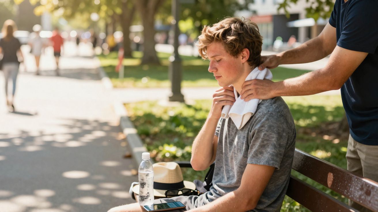 Jovem sentado em banco recebe massagem no pescoço em parque ensolarado, com garrafa d'água e chapéu ao lado.