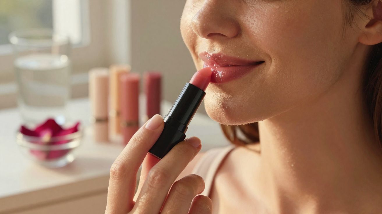 Mulher aplicando batom rosa claro nos lábios em ambiente iluminado, com produtos de maquiagem ao fundo.