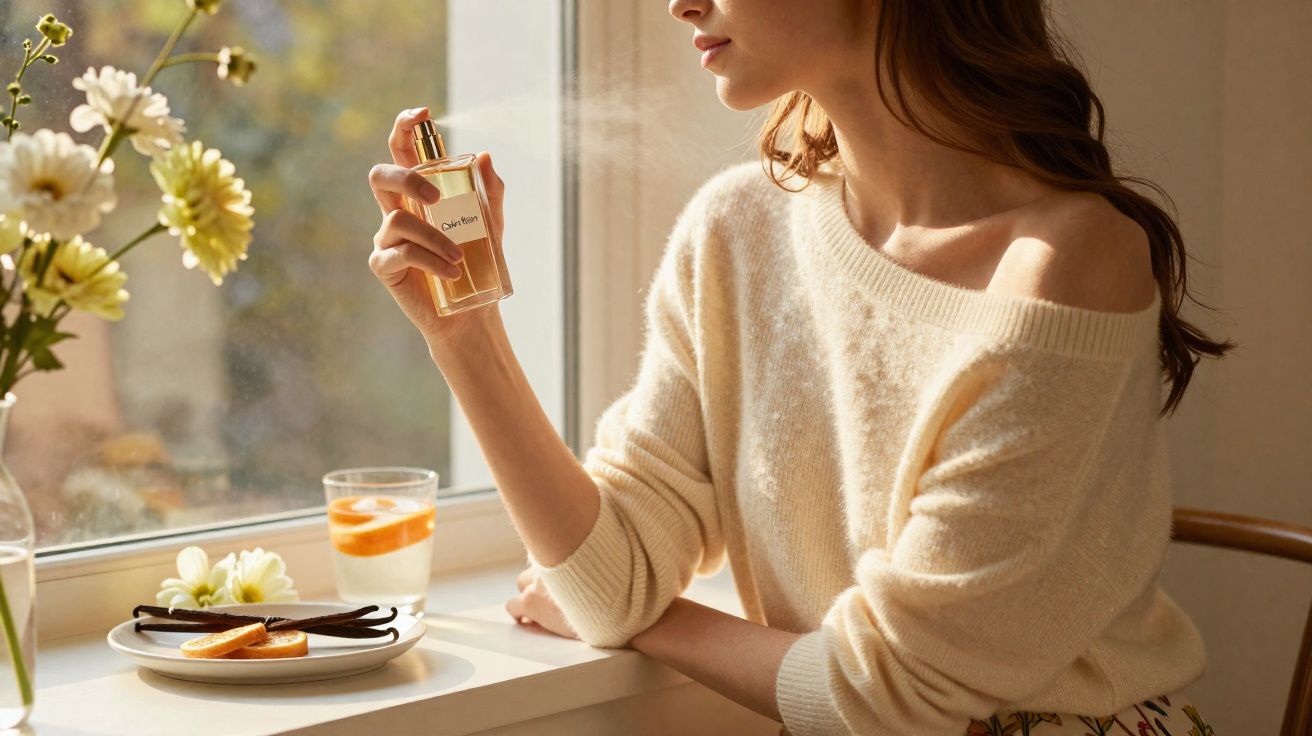 Mulher aplicando perfume perto da janela, com flores, biscoitos e bebida ao fundo.