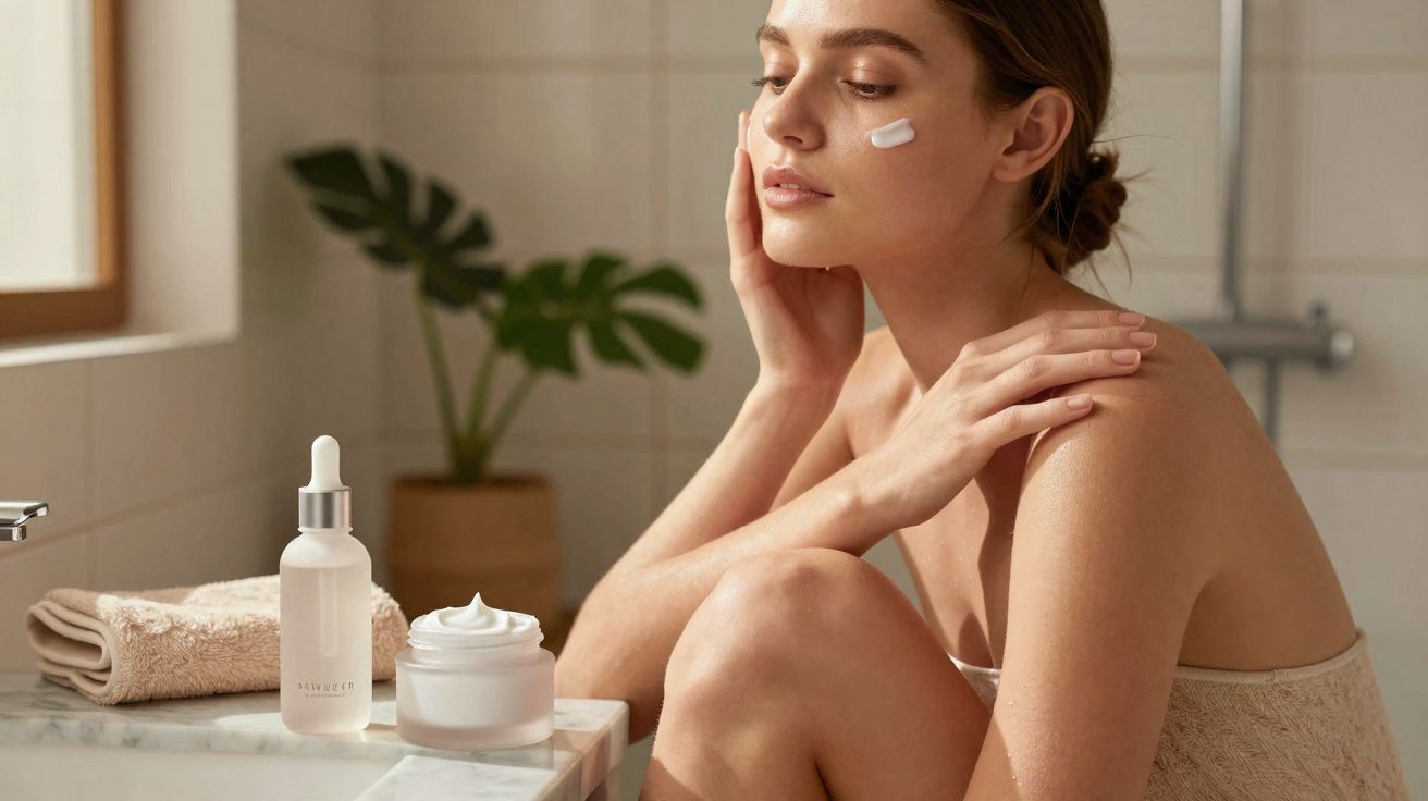 Mulher aplicando creme no rosto em banheiro com produtos de skincare sobre bancada.