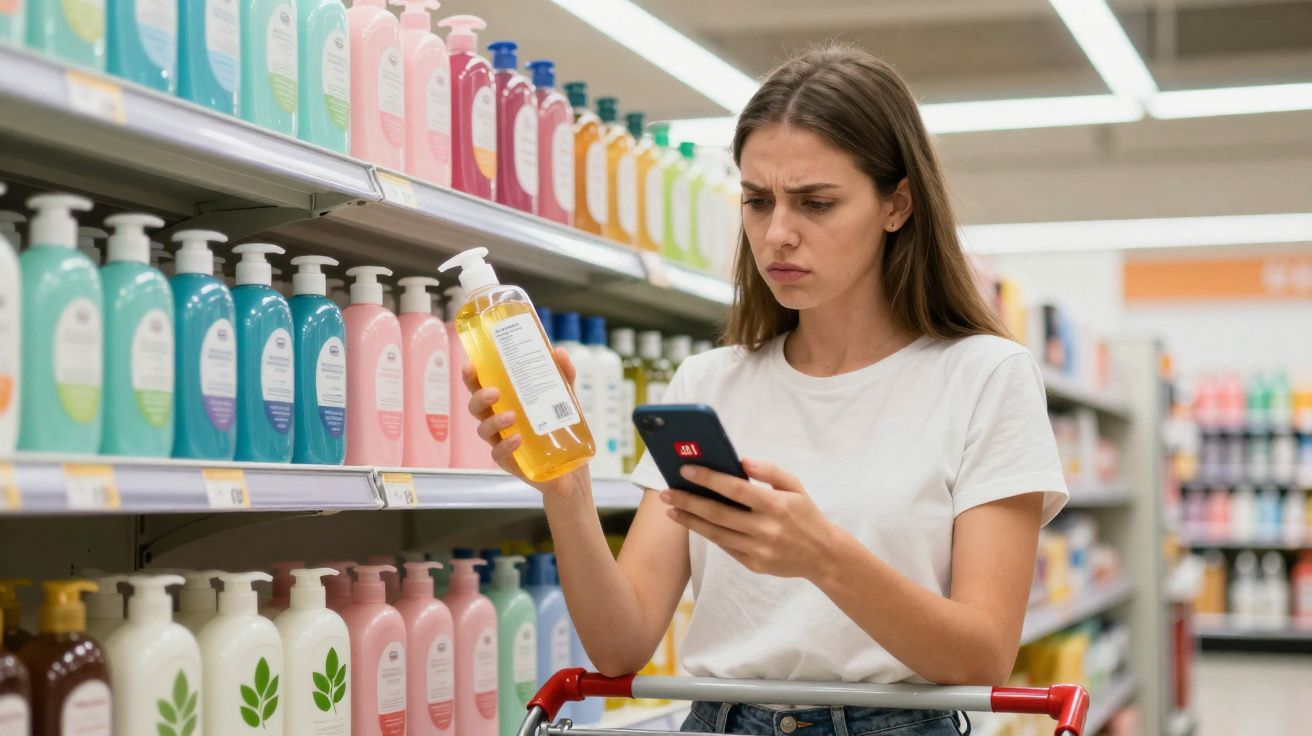 Mulher olhando com dúvida rótulo de sabonete líquido enquanto segura celular em mercado.