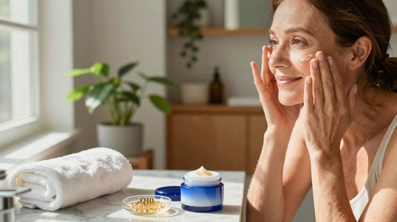 Mulher aplicando creme facial perto de toalha, cápsulas de Q10 e planta em ambiente iluminado.