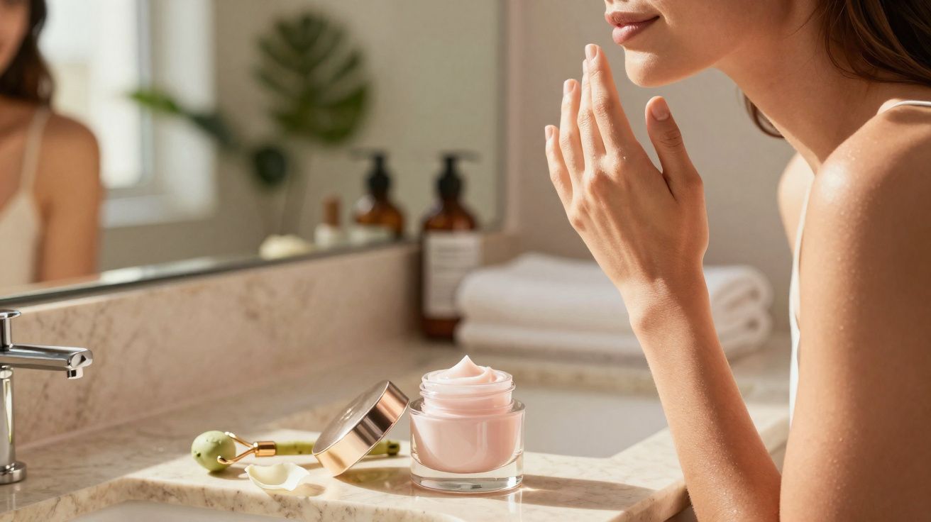 Mulher aplicando creme facial em frente ao espelho no banheiro com acessórios de cuidados pessoais.