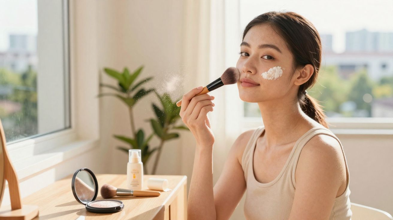 Jovem aplicando pó facial com pincel em ambiente iluminado natural perto da janela.