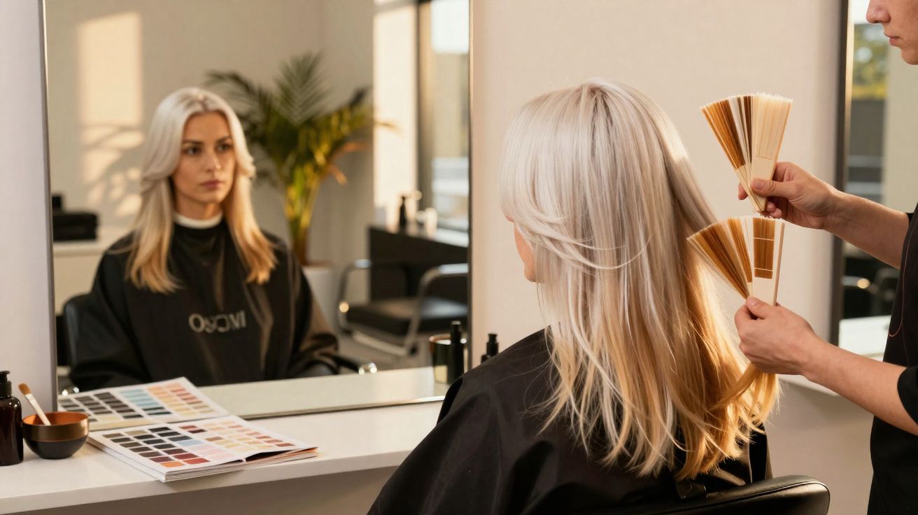 Mulher loira sentada no salão de beleza, cabeleireiro comparando amostras de coloração com seu cabelo.