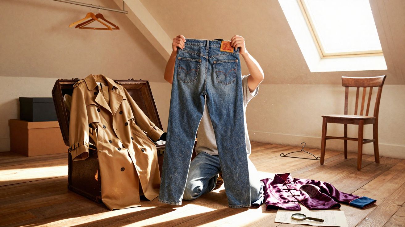 Pessoa segurando calça jeans azul enquanto organiza roupas e mala em quarto iluminado por claraboia.