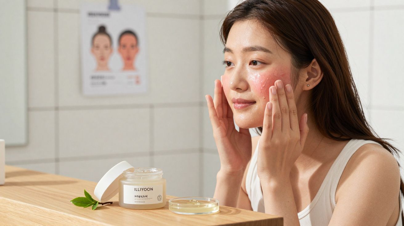 Mulher aplicando creme facial rosa em um lado do rosto no banheiro, com pote de creme na bancada.