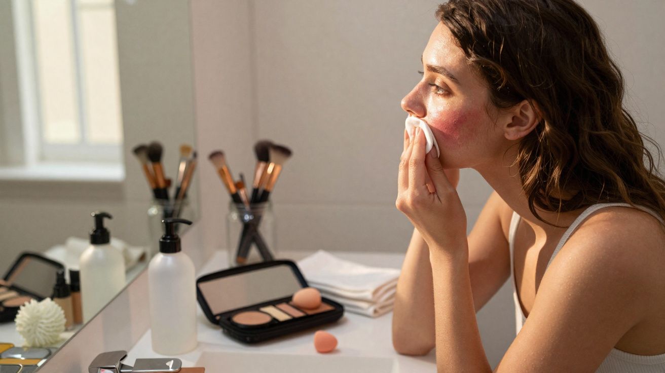 Mulher removendo maquiagem com algodão em frente ao espelho no banheiro, com produtos de beleza sobre a pia.