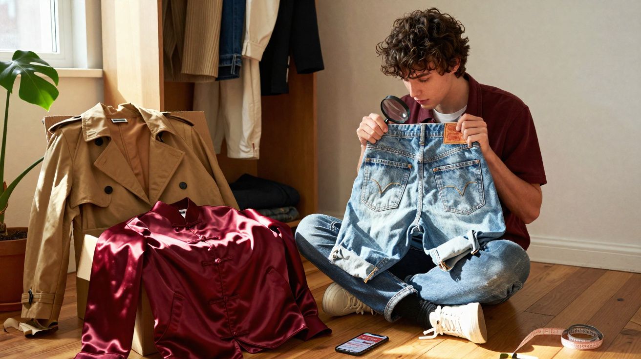 Jovem sentado no chão inspecionando short jeans com lupa, cercado por roupas e ferramentas de costura.
