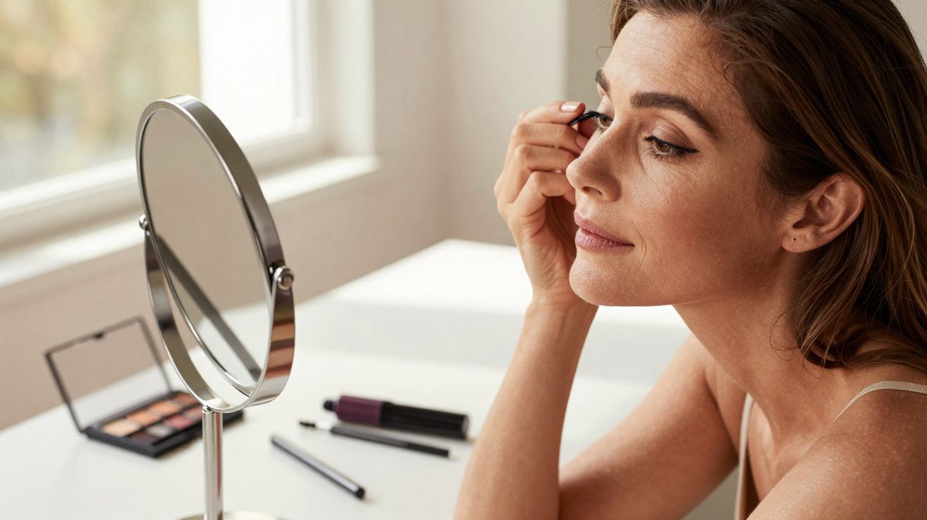 Mulher sorrindo aplicando maquiagem nos olhos em frente a espelho sobre mesa com produtos.