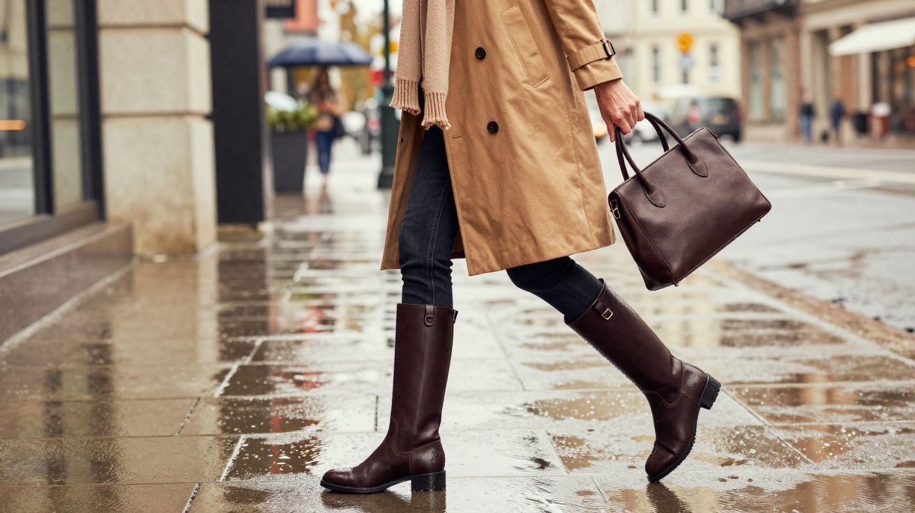 Pessoa caminhando na rua molhada com botas marrons, casaco bege e bolsa de mão marrom.