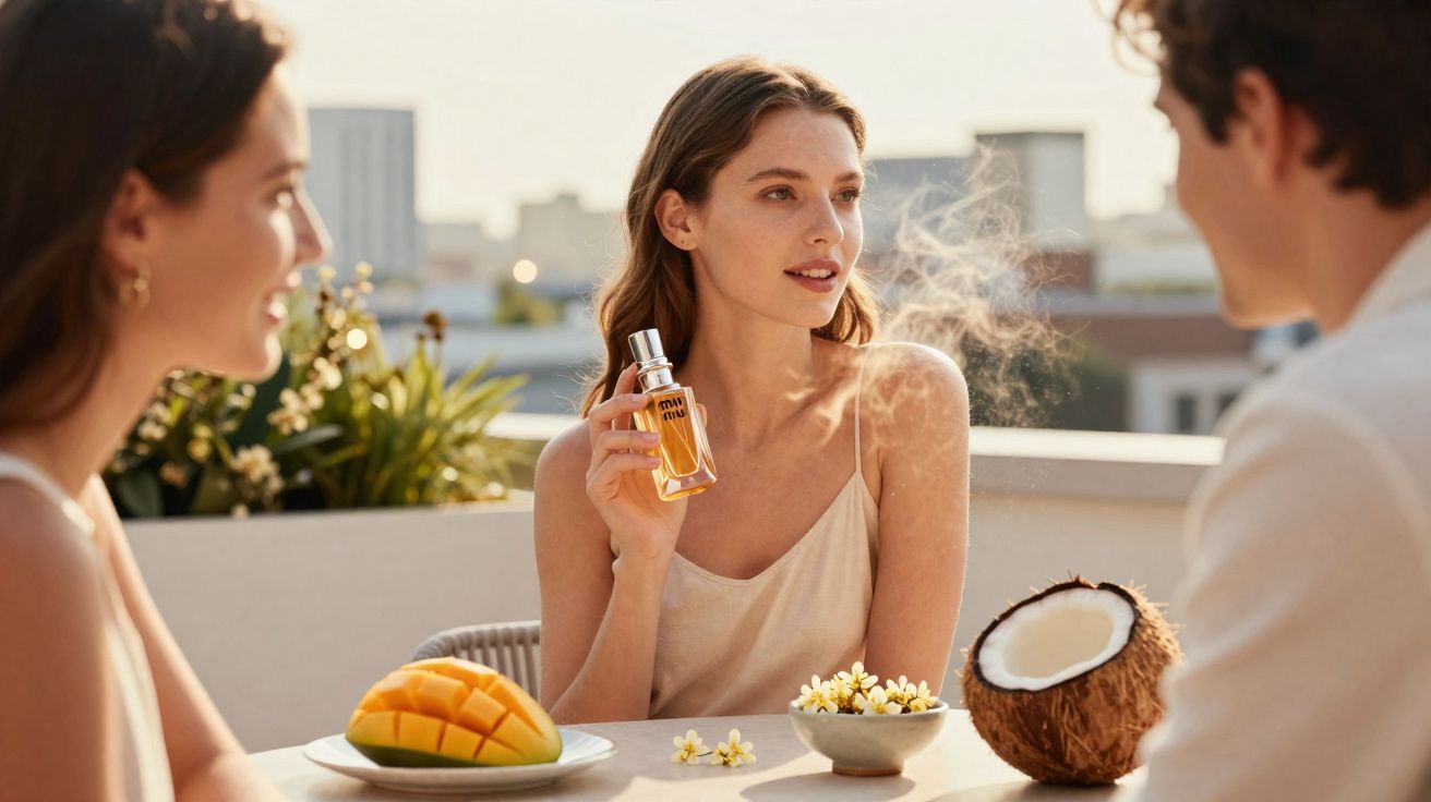Jovem segurando perfume em mesa ao ar livre com frutas e duas pessoas conversando ao redor.
