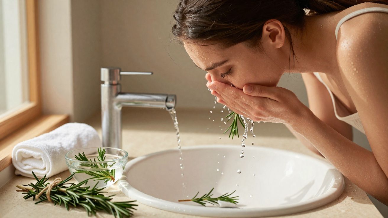 Mulher lavando o rosto com água na pia, ao lado de toalha branca e ramos de alecrim.