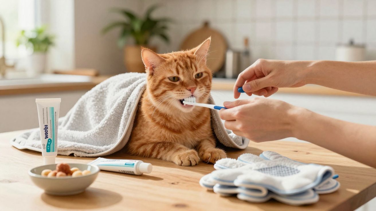 Gato laranja com toalha em cima de mesa sendo escovado com escova de dentes por pessoa.