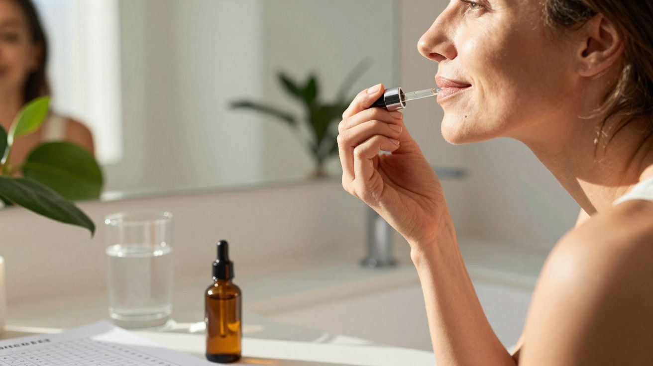Mulher aplicando sérum facial com conta-gotas em frente ao espelho no banheiro iluminado.