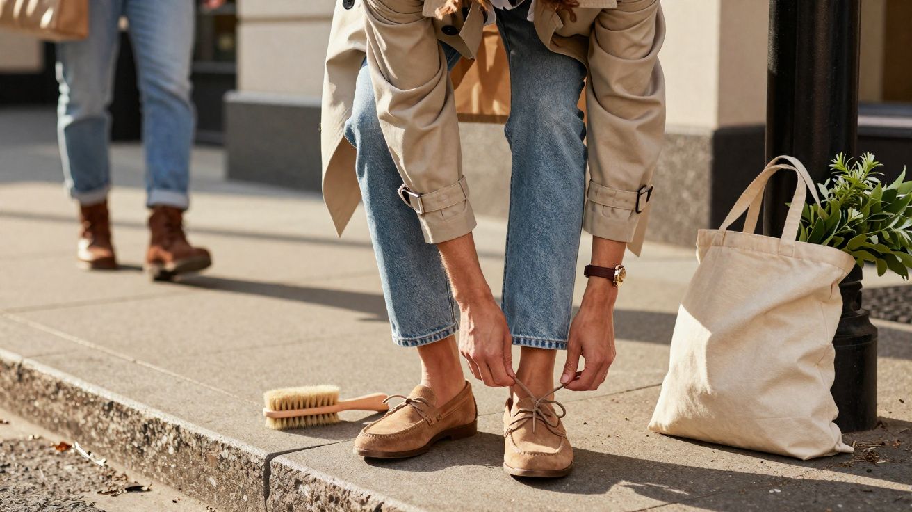Pessoa amarrando cadarço de sapato marrom em calçada com escova e bolsa de tecido ao lado