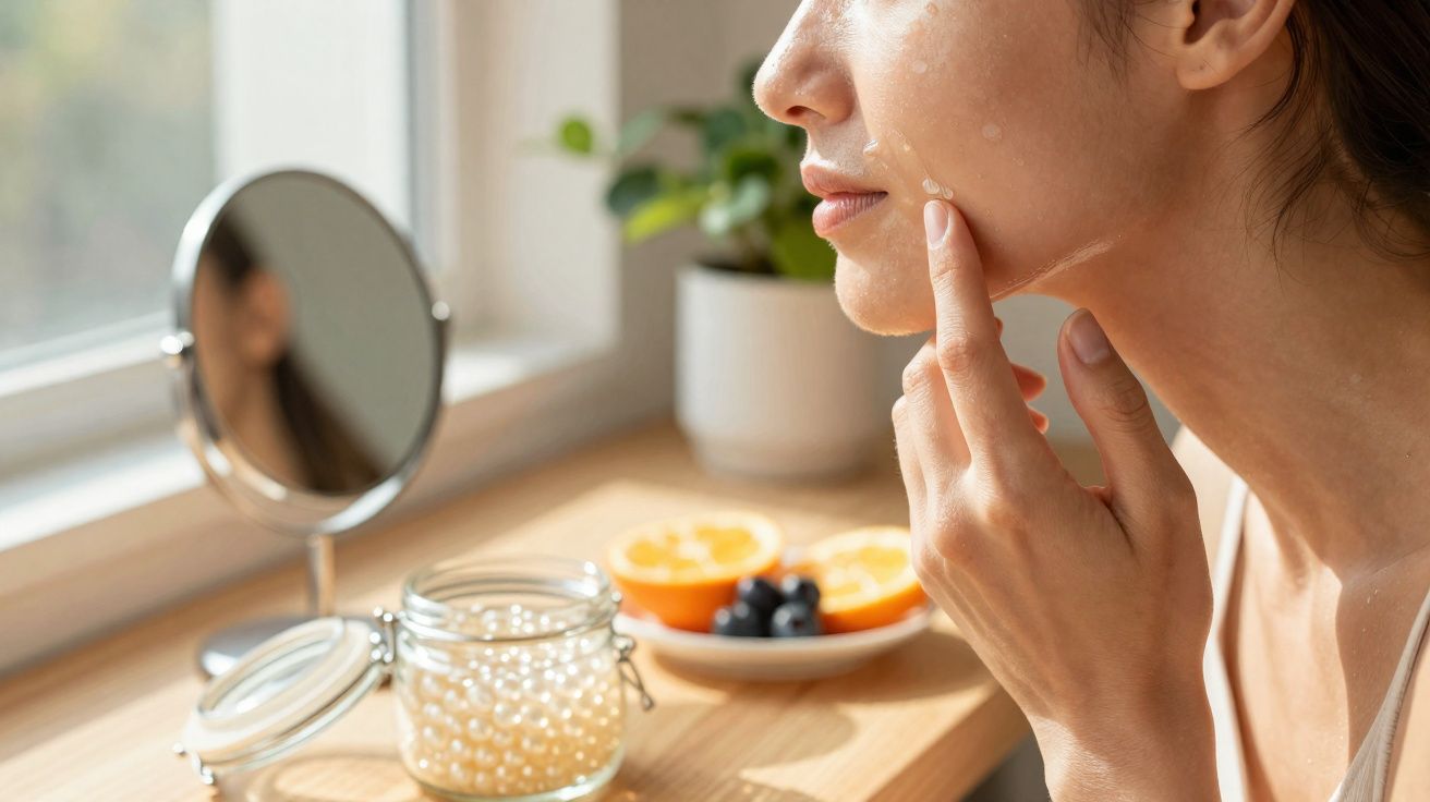 Imagem mostra uma mulher aplicando creme no rosto em frente a uma janela com frutas e pote de pérolas na mesa.